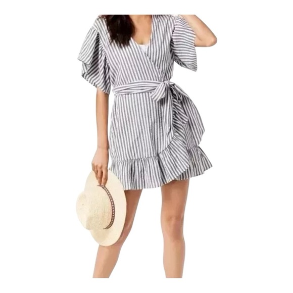 Striped Ruffle Wrap Dress - Picture 1 of 10